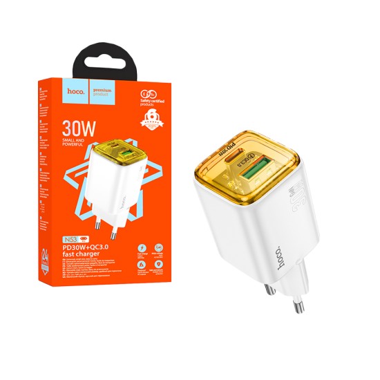 Adaptador Hoco N53 Monsoon 2 Portas USB+Tipo-C 30W Branco Adaptador Hoco N53 Monsoon 2 Portas USB+Tipo-C 30W Branco